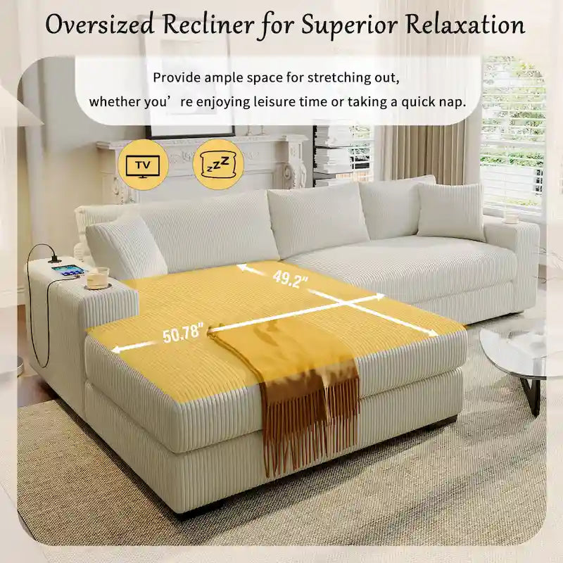 Canapé d'angle Mirod grand format avec coussins épais, porte-gobelets et ports de chargement intégrés