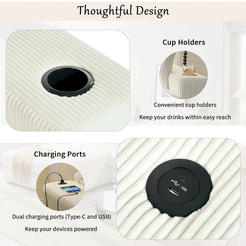 Canapé d'angle Mirod grand format avec coussins épais, porte-gobelets et ports de chargement intégrés