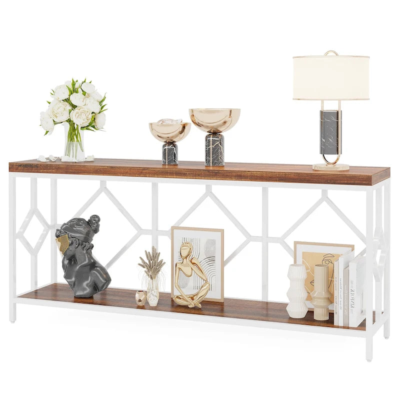 Table console extra longue de 180 cm avec étagère de rangement ouverte, table d'entrée étroite à placer derrière le canapé