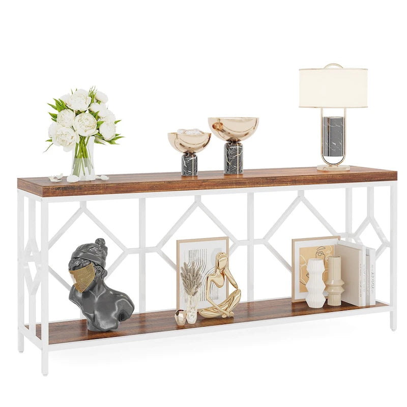 Table console extra longue de 180 cm avec étagère de rangement ouverte, table d'entrée étroite à placer derrière le canapé