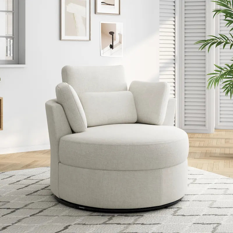 Fauteuil pivotant rembourré avec pouf de rangement à plateau en bois