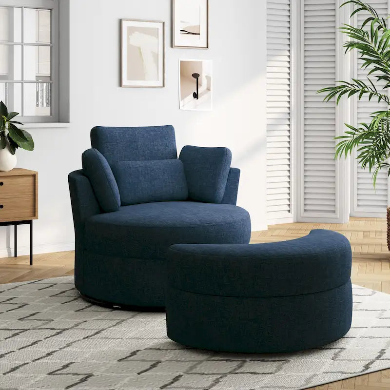 Fauteuil pivotant rembourré avec pouf de rangement à plateau en bois