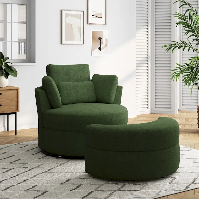 Fauteuil pivotant rembourré avec pouf de rangement à plateau en bois