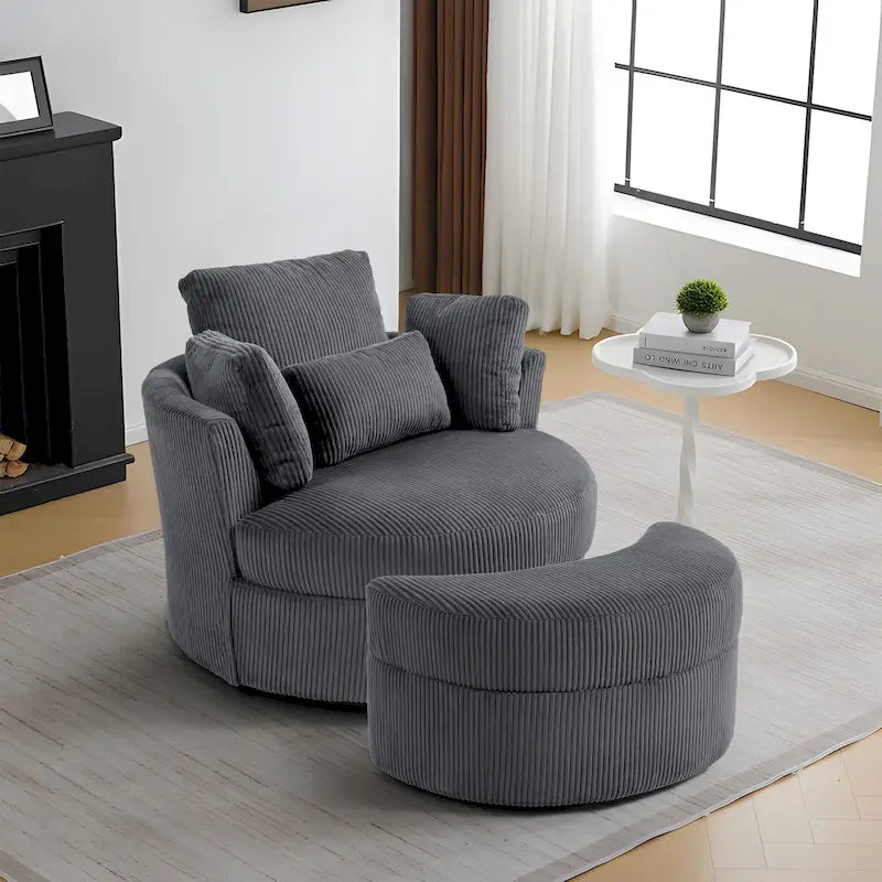 Fauteuil pivotant rembourré avec pouf de rangement à plateau en bois