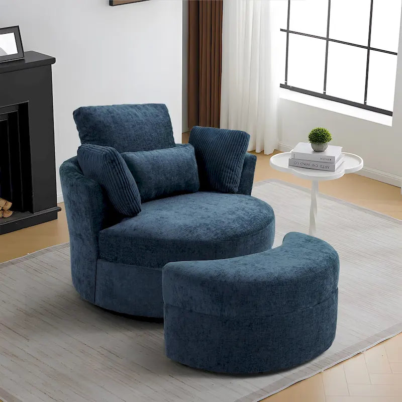 Fauteuil pivotant rembourré avec pouf de rangement à plateau en bois