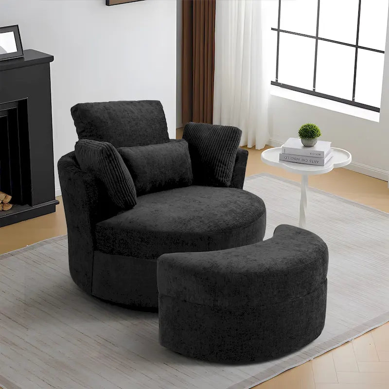 Fauteuil pivotant rembourré avec pouf de rangement à plateau en bois