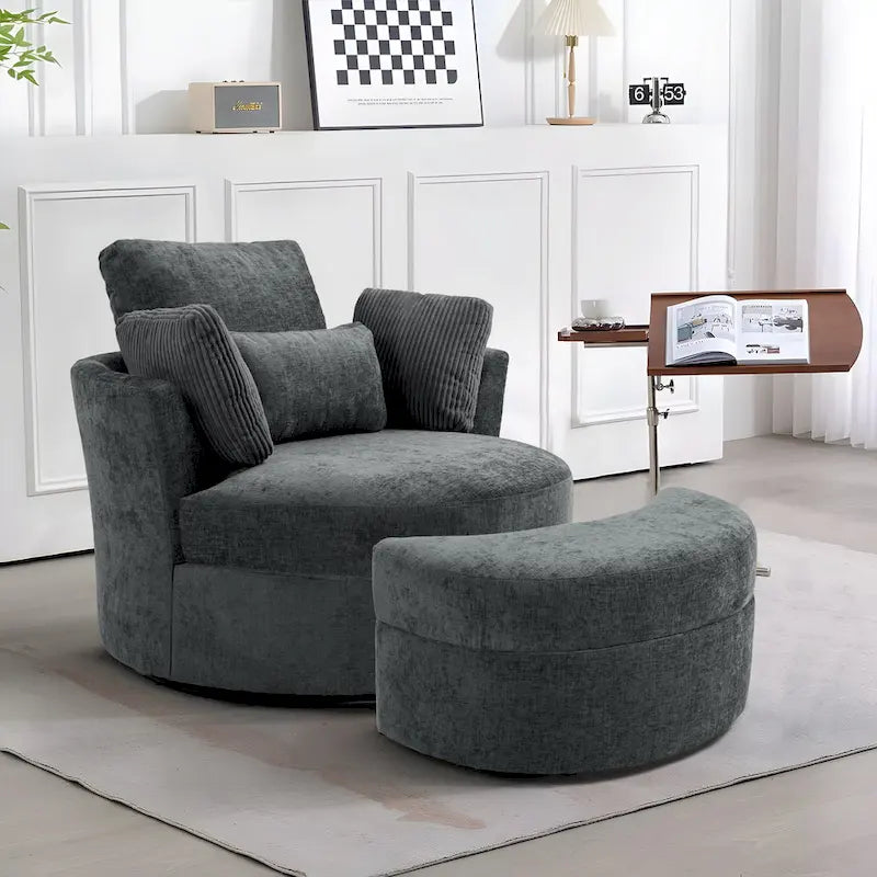 Fauteuil pivotant rembourré avec pouf de rangement à plateau en bois