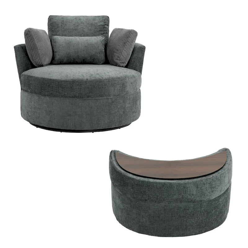 Fauteuil pivotant rembourré avec pouf de rangement à plateau en bois