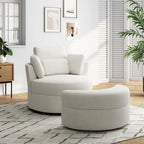 Fauteuil pivotant rembourré avec pouf de rangement à plateau en bois