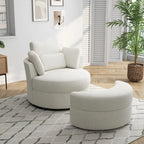 Fauteuil pivotant rembourré avec pouf de rangement à plateau en bois