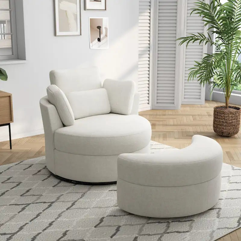 Fauteuil pivotant rembourré avec pouf de rangement à plateau en bois