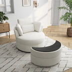 Fauteuil pivotant rembourré avec pouf de rangement à plateau en bois