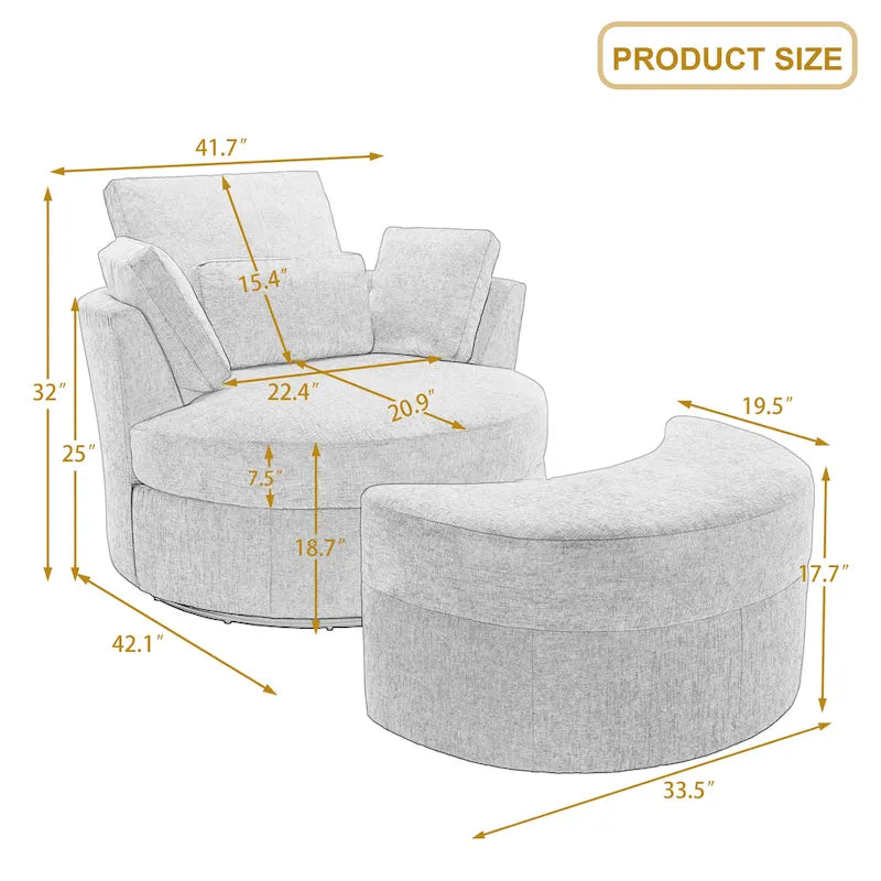 Fauteuil pivotant rembourré avec pouf de rangement à plateau en bois
