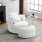 Fauteuil pivotant rembourré avec pouf de rangement à plateau en bois