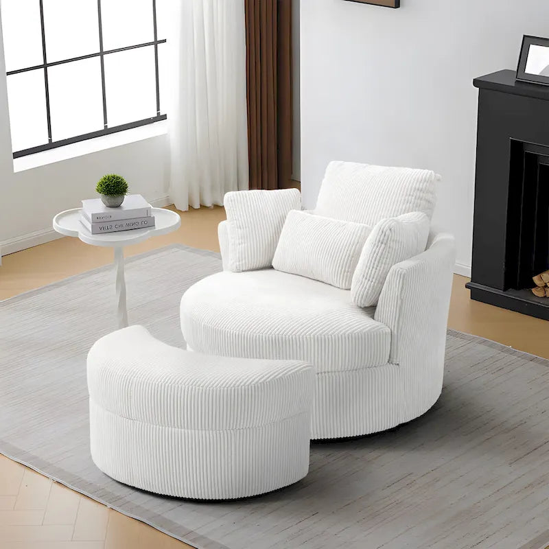 Fauteuil pivotant rembourré avec pouf de rangement à plateau en bois