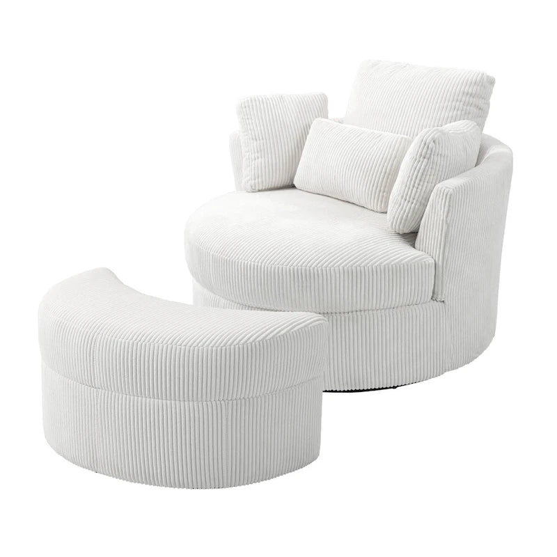 Fauteuil pivotant rembourré avec pouf de rangement à plateau en bois