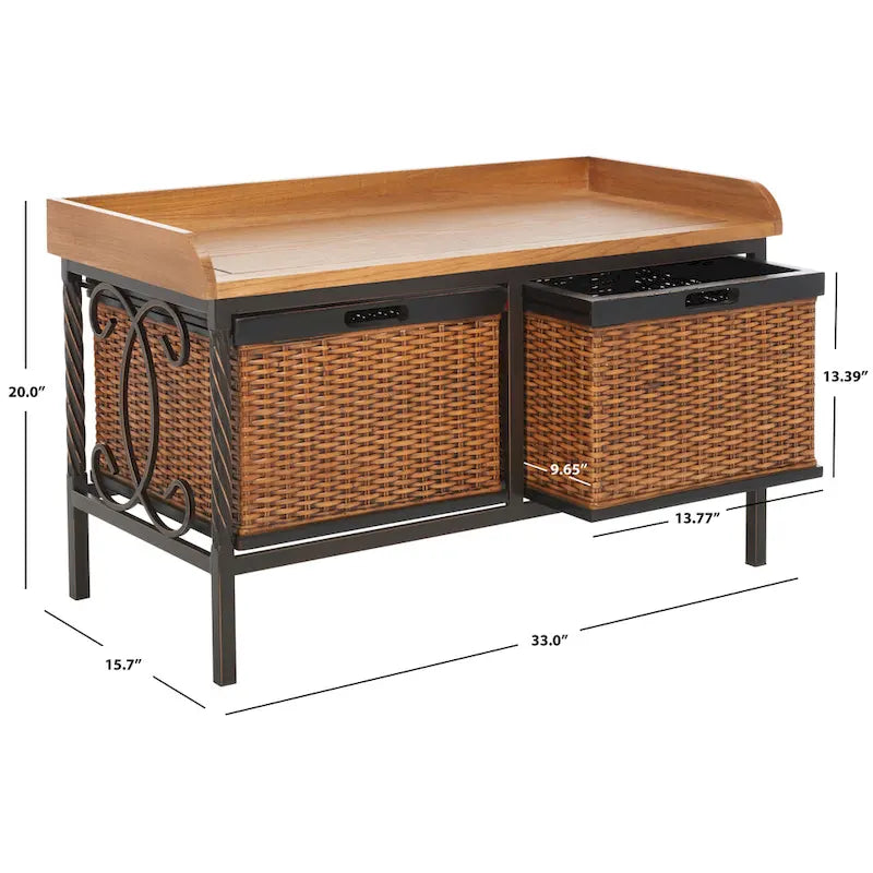 Banc de rangement SAFAVIEH Vasilija en étain antique/frêne clair - 33 x 15,7 x 20 cm - 33 cm (L) x 16 cm (P) x 20 cm (H)