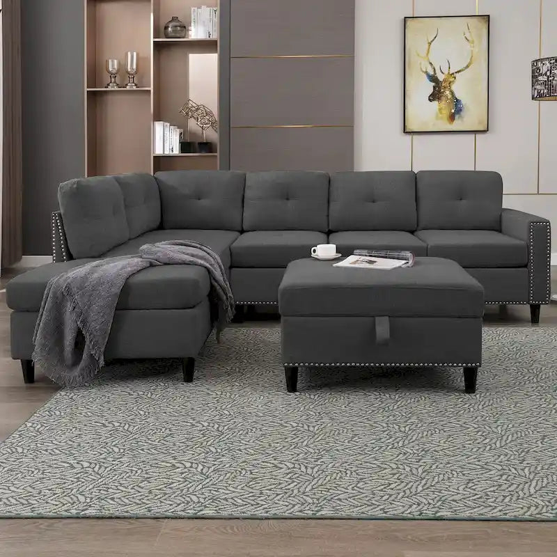 Canapé d'angle Mixoy en forme de L avec 2 porte-gobelets et pouf de rangement