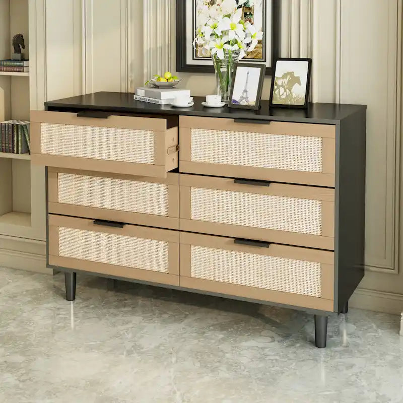 Commode en rotin à 6 tiroirs, tiroir en rotin,