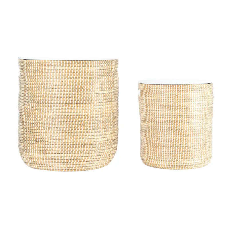 Tables en jonc de mer avec rangement et plateaux en bois