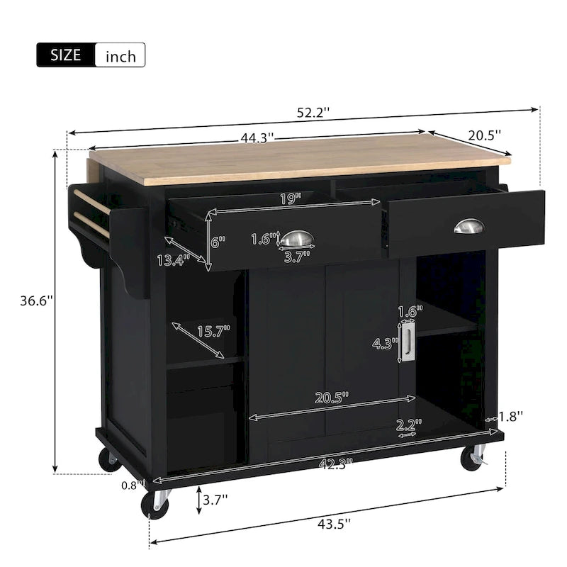Chariot de cuisine avec comptoir rabattable en bois d'hévéa, porte coulissante dissimulée de style grange à hauteur réglable, îlot de cuisine sur 4 roues