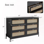 Table de chevet en rotin et bois à 6 tiroirs