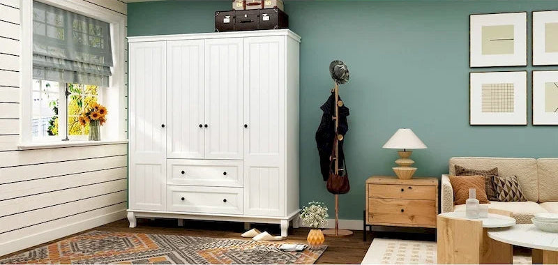 Home Traditional 2 Drawer Freestanding Wood Armoire in White Lacquer - 63Wx71.3