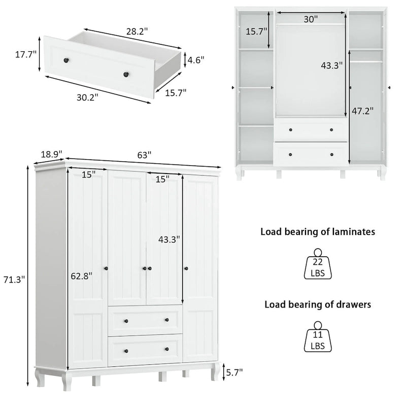 Armoire traditionnelle Home à 2 tiroirs, autoportante, en bois laqué blanc - 63 po L x 71,3 po