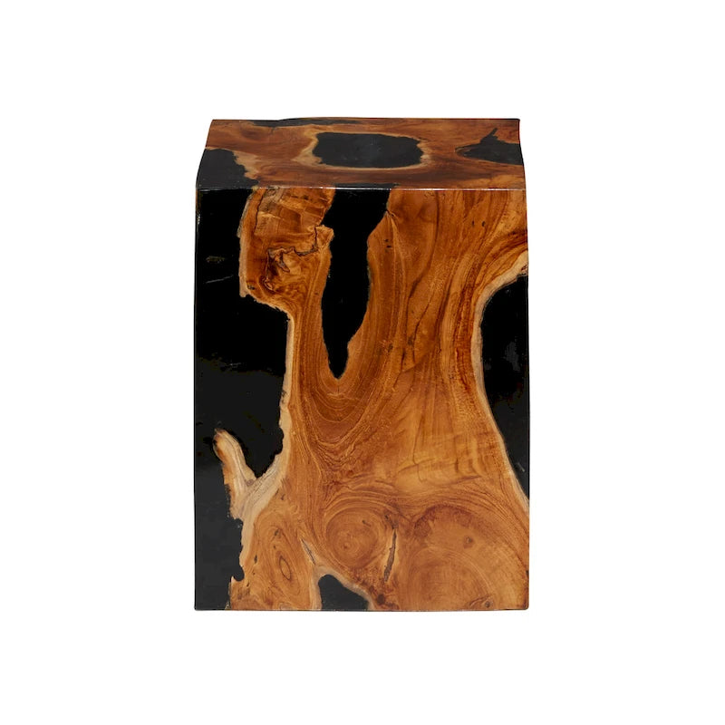 Table d'appoint en bois de teck avec incrustations de résine noire - Brun - Roche River Decor - 28 x 30 x 38 cm