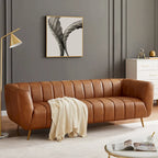 Clovis Mid Century Modern Furniture Style Upholstered Leather Couch in Cognac Color