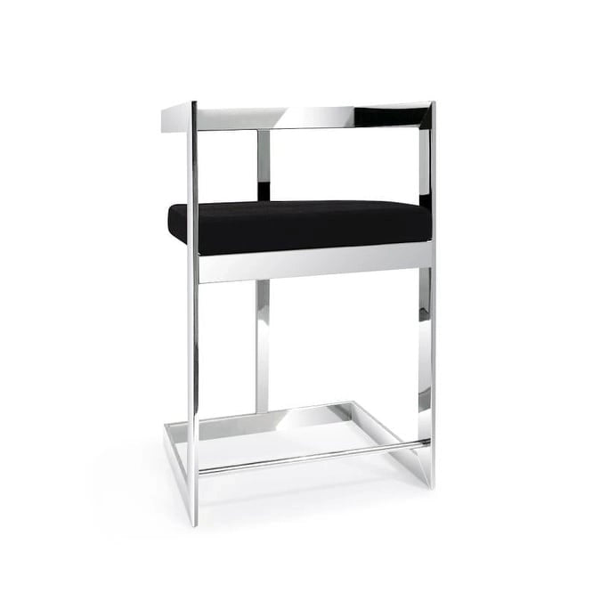 Tabouret de bar en velours noir, cadre en argent poli