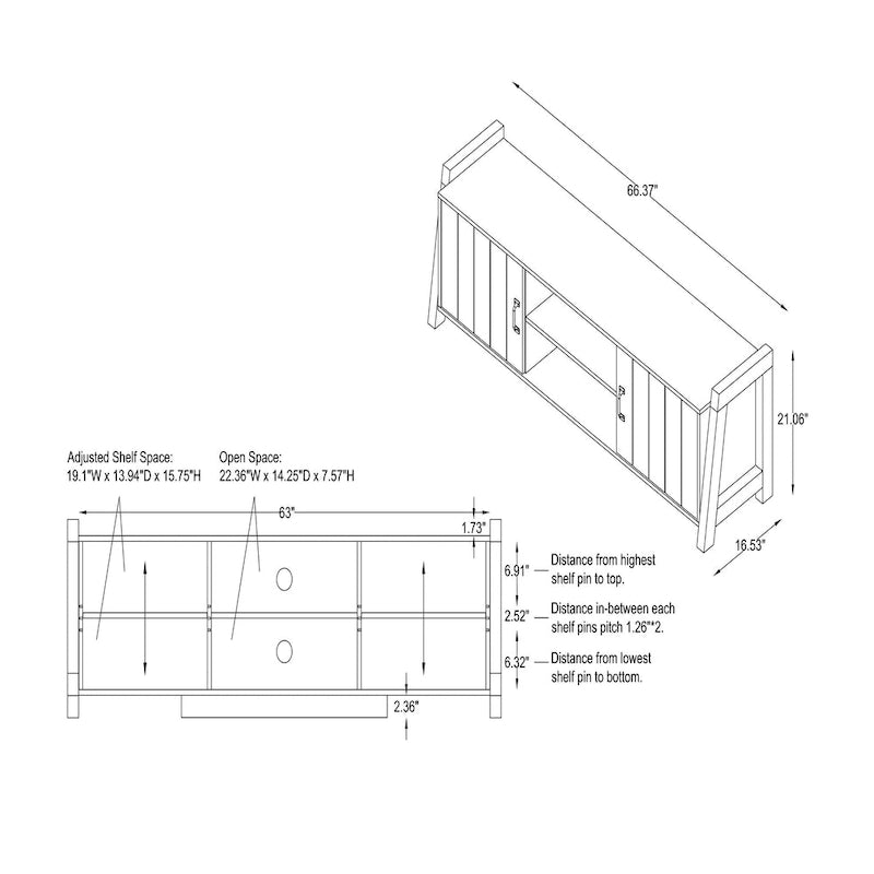 Meuble TV Carson Farmhouse en chêne recyclé de 168 cm (66 pouces) à 6 étagères