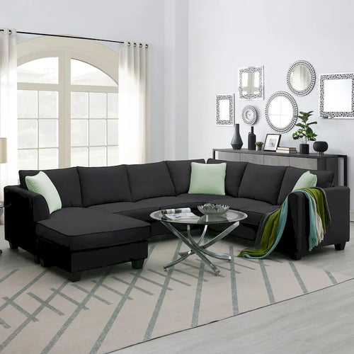 112*87 Sectional Sofa Couches Living Room Sets 7 Seats Modular Sectional Sofa with 3 Pillows, Black