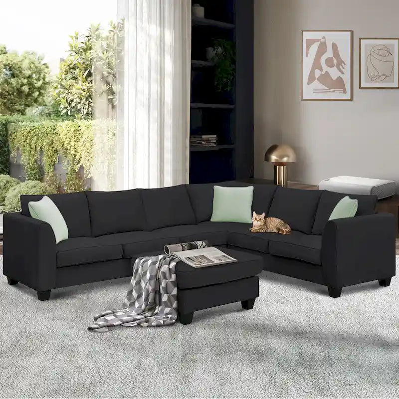 112*87 Sectional Sofa Couches Living Room Sets 7 Seats Modular Sectional Sofa with 3 Pillows, Black