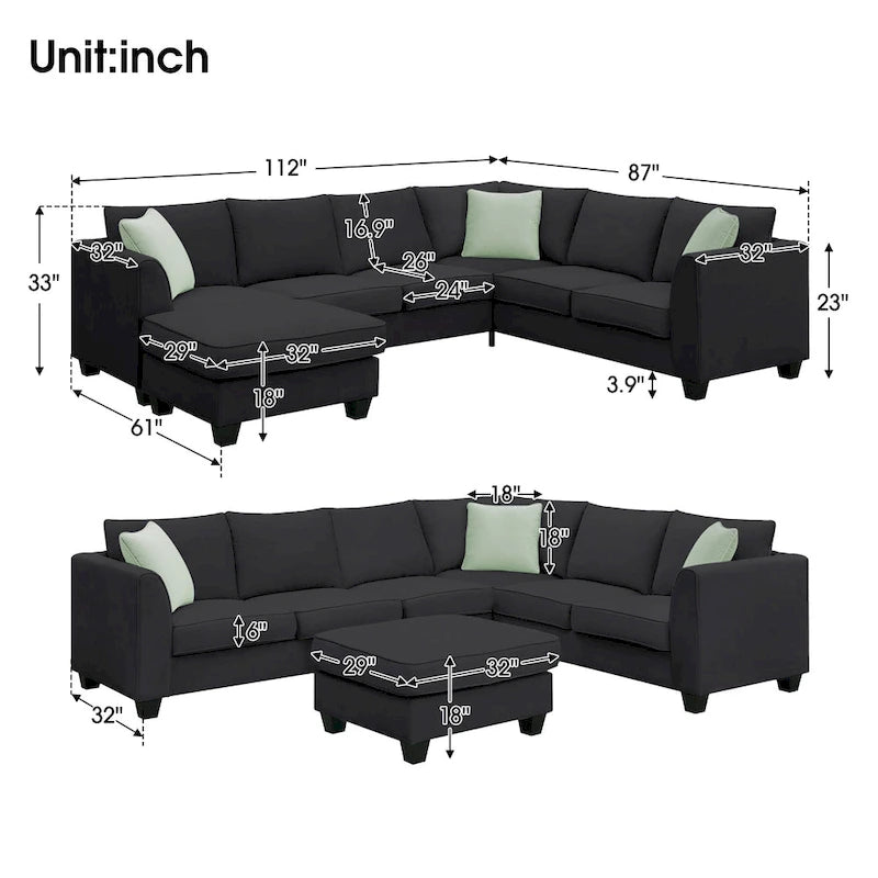 112*87 Sectional Sofa Couches Living Room Sets 7 Seats Modular Sectional Sofa with 3 Pillows, Black