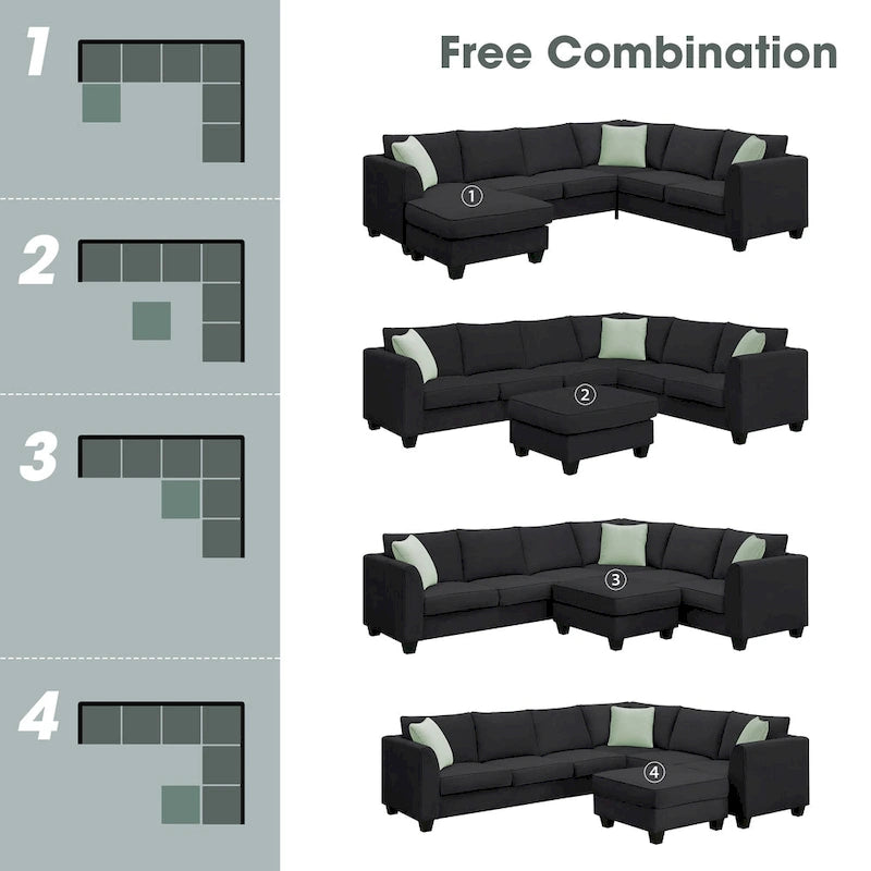 112*87 Sectional Sofa Couches Living Room Sets 7 Seats Modular Sectional Sofa with 3 Pillows, Black