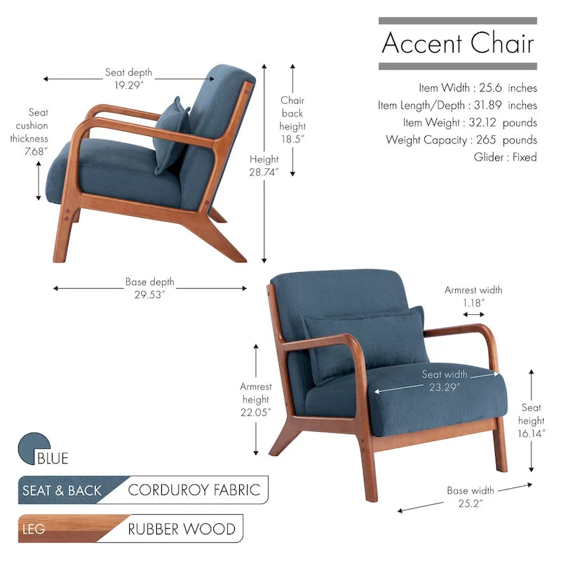 Fauteuil d'appoint Biana en tissu velours côtelé avec coussin et structure en bois d'hévéa de Porthos Home