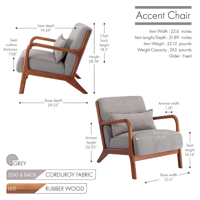 Fauteuil d'appoint Biana en tissu velours côtelé avec coussin et structure en bois d'hévéa de Porthos Home