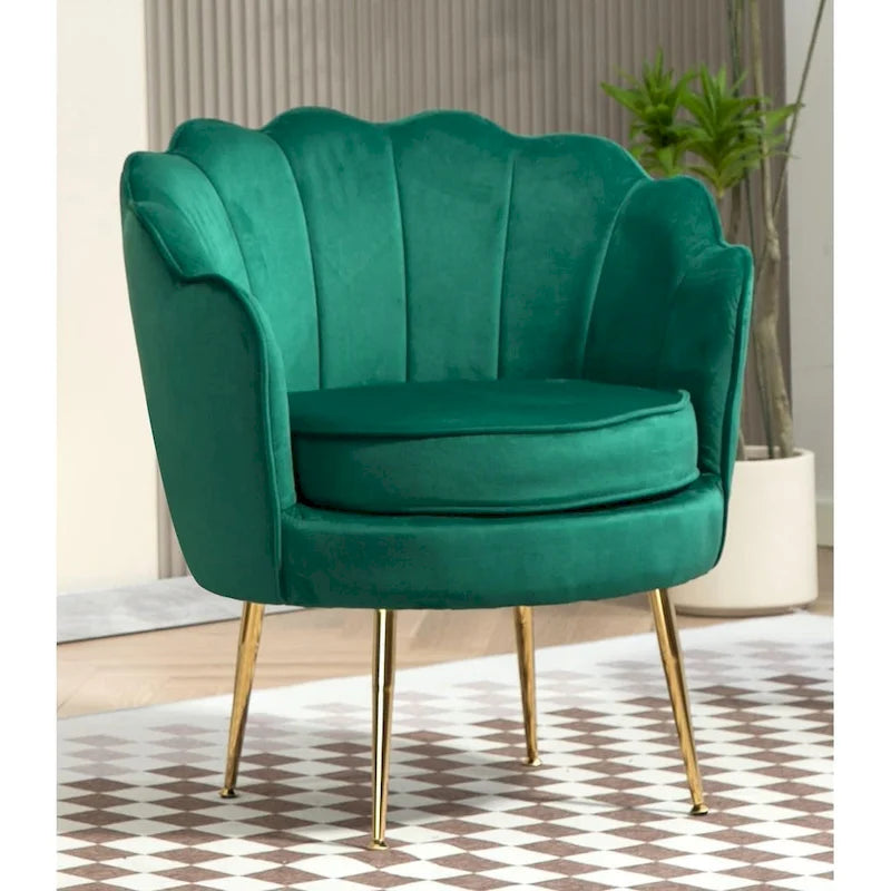 Fauteuil Cavett 28.3 en velours large, style tonneau, avec pieds en métal doré