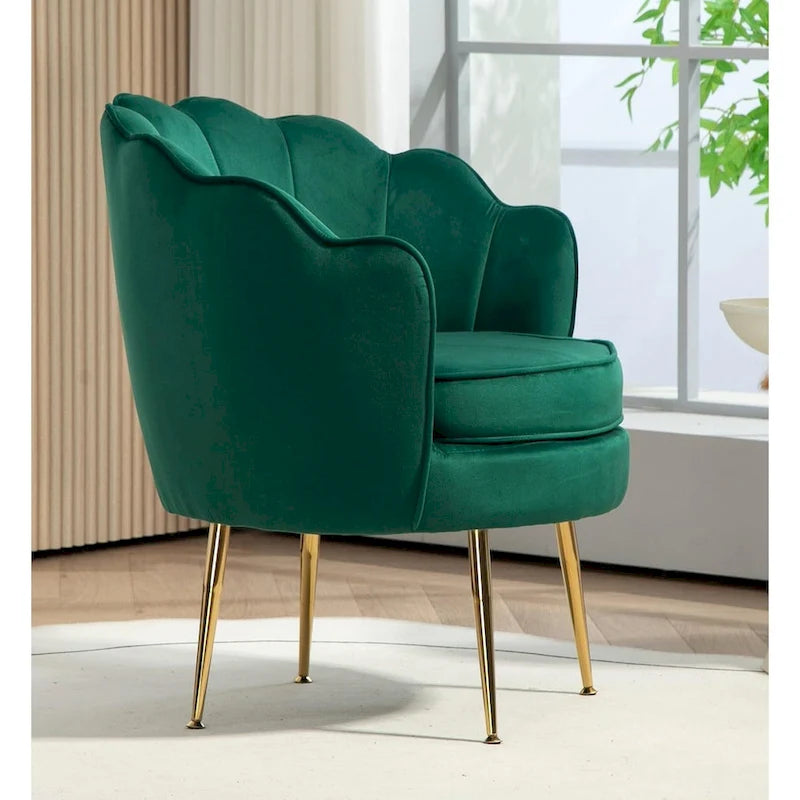 Fauteuil Cavett 28.3 en velours large, style tonneau, avec pieds en métal doré