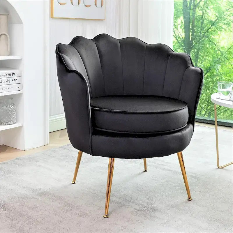 Fauteuil Cavett 28.3 en velours large, style tonneau, avec pieds en métal doré
