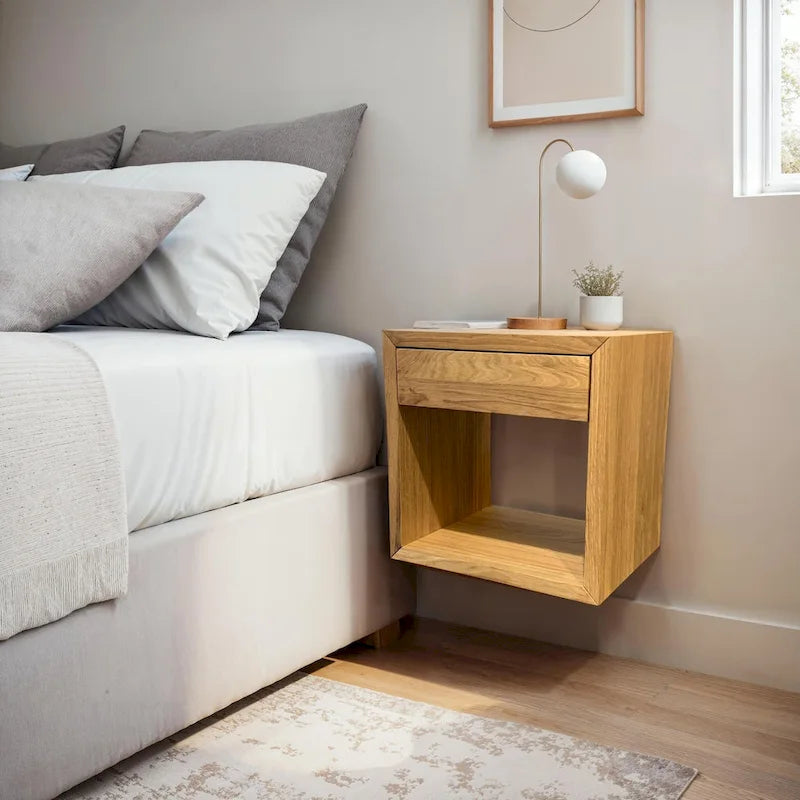 Set of 2 - Handmade Solid Oak Floating Nightstands with Drawer, Side Tables