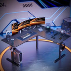 Bureau d'angle en forme de L de 63 pouces avec support ergonomique pour écran et éclairage LED intégré.