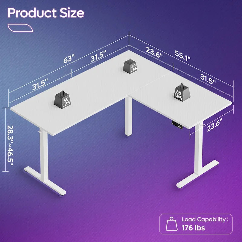 Bureau d'angle en forme de L de 63 pouces avec support ergonomique pour écran et éclairage LED intégré.