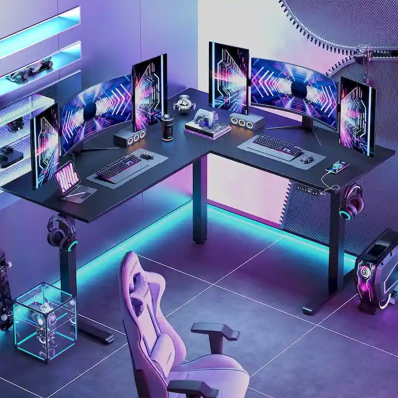Bureau d'angle en forme de L de 63 pouces avec support ergonomique pour écran et éclairage LED intégré.