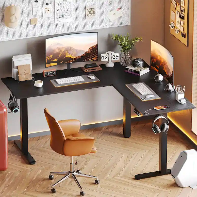 Bureau d'angle en forme de L de 63 pouces avec support ergonomique pour écran et éclairage LED intégré.