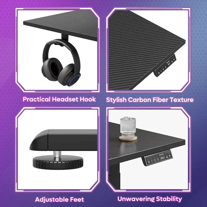 Bureau d'angle en forme de L de 63 pouces avec support ergonomique pour écran et éclairage LED intégré.