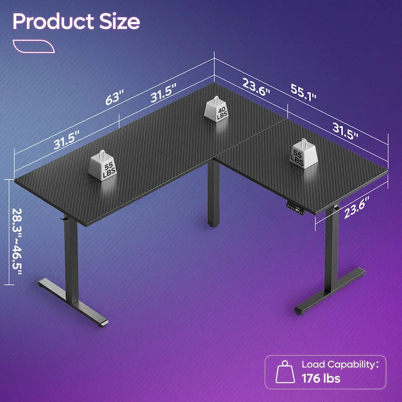Bureau d'angle en forme de L de 63 pouces avec support ergonomique pour écran et éclairage LED intégré.