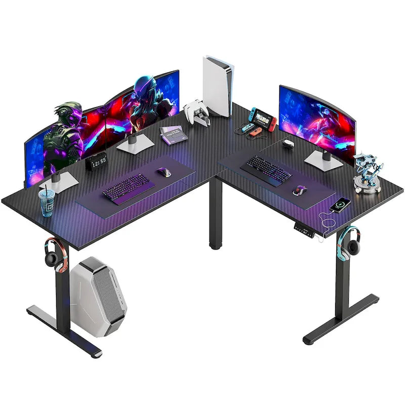 Bureau d'angle en forme de L de 63 pouces avec support ergonomique pour écran et éclairage LED intégré.