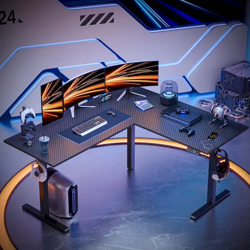 Bureau d'angle en forme de L de 63 pouces avec support ergonomique pour écran et éclairage LED intégré.